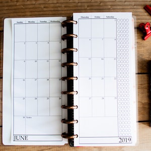 May include: A white monthly planner with a black wire-o binding. The planner is open to June 2019. The days of the week are labelled at the top of each column. There are 30 numbered squares for each month. There is a column of small circles on the right side of the page.