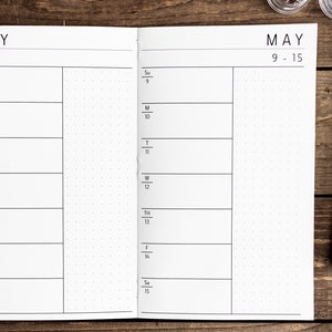 May include: A weekly planner with a black and white design. The planner has two pages, each with a calendar for a week in May. The first page shows May 2-8, and the second page shows May 9-15.