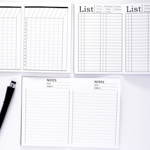 May include: A set of printable planner pages with a grid, list, and notes sections. The pages are black and white and have a simple design.