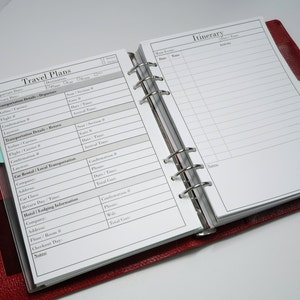 May include: A red leather bound planner with a white page open to a travel planning section. The page has sections for travel plans, transportation details, car rental, hotel lodging information, and an itinerary.