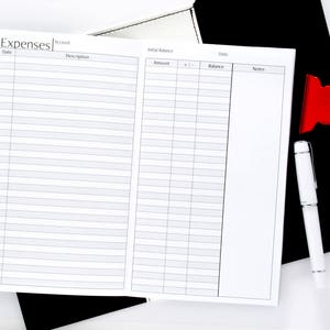 May include: A white, lined notebook with the word "Expenses" printed in black at the top. The notebook is open to a page with columns for date, description, amount, balance, and notes.
