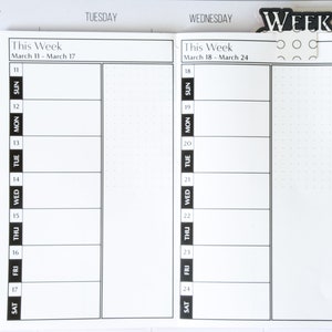 May include: A weekly planner with a black and white design. The planner has two pages, each with a column for each day of the week. The dates are listed on the left side of each page. The planner is labeled "This Week" and includes the dates March 11-March 17 and March 18-March 24.
