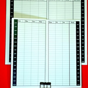 May include: A white daily planner with a black grid and black text. The planner is open to a weekly view with the days of the week labeled at the top. The planner also has a daily view with the hours of the day labeled on the side.
