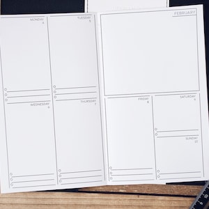 May include: A weekly planner with a black and white design. The planner has a section for each day of the week, with lines for writing tasks and notes. The planner is labeled "February".