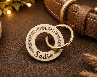 Custom Name Dog Tag Id Collar, Floral Dog Collar Id Tag, Personalized Name Tag, brass washer Name tag, For Dog, Dog Name, Flower engraved