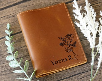 Birth Flower Passport Cover, Personalized Leather Passport holder, Birth Month Flower Gift, Custom cow leather Travel gift, Bridesmaid Gift