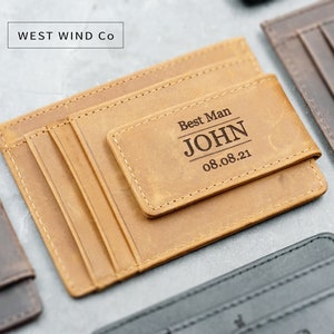 Groomsmen Gift, Personalized Money Clip leather wallet, gift for Dad, Father's day gift, Groomsman Best man Wallet, Graduation gift for Son