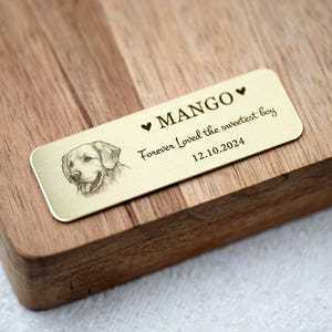 May include: A rectangular, gold-colored metal plaque with rounded corners, engraved with the name "MANGO" and a dog portrait. Text reads "Forever Loved the sweetest boy 12.10.2024". The plaque is set on a wooden surface.