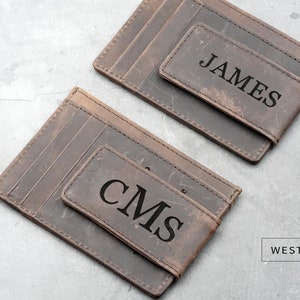 Billetera personalizada con monograma, billetera de cuero genuino con clip para dinero, regalo para él, billetera personalizada con clip magnético para dinero, regalo de Navidad