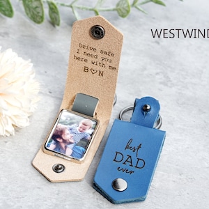 Leather Photo Keychain, Personalized Picture Keychain, Father&#39;s Day gift, For Mom, Engraved Keychain Picture, Drive Safe Keychain, for him
