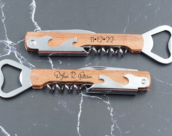 Gegraveerde kurkentrekkeropener, aangepaste flesopener, zakmes, cadeau voor bruidsjonkers, cadeau getuige, voor hem, huwelijkscadeaus
