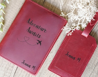 Funda para pasaporte y etiqueta para equipaje, funda de cuero auténtico para pasaporte, etiquetas de cuero personalizadas para equipaje, regalo de viaje personalizado, dama de honor