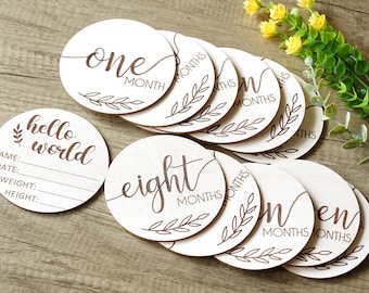 Wooden Monthly milestone Marker sets, New Born Baby Baby Announcement Milestone Marker Baby stats Month Photo Props, baby name disc