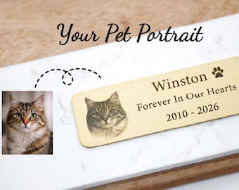 Custom Pet Memorial Brass Plaque, for Urn, Engraved Cat Portrait with Name & Dates, Personalized Pet Remembrance Gift, Forever in Our Hearts