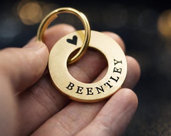 Personalized Washer Dog Tag ID – Solid Brass & Stainless Steel Custom Engraved Pet Tag – Minimalist Circle Dog Tag with Name, Phone Number
