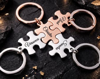 Personalized Puzzle Piece Keychain Set (2 keychains) – Custom Engraved Names Couple, Best Friends, Sisters & Family Gift, Matching Keychains