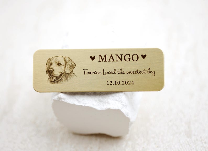 May include: A rectangular, gold-colored pet memorial plaque with rounded corners. It features a detailed sketch of a dog's face, the name "MANGO" with heart symbols, and the inscription "Forever Loved the sweetest boy" along with the date 12.10.2024.