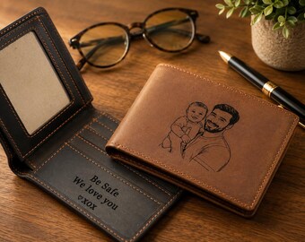 Personalized Photo Engraved Leather Wallet for Men – Custom Picture Wallet Gift for Dad, Husband, Boyfriend | Genuine Leather Trifold