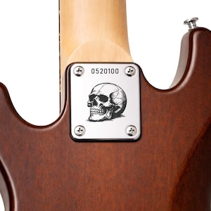 May include: Close-up of a brown guitar body with a skull graphic on a silver plate. The plate is secured with four screws and features the number "0520100". The guitar neck is visible in the background.