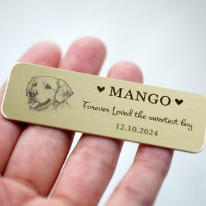 May include: A rectangular, gold-colored metal tag with a sketch of a dog's face. The tag reads "MANGO" with a heart symbol on each side, and the text "Forever Loved the sweetest boy 12.10.2024".