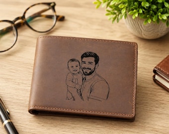 Custom Photo Sketch Engraved Wallet, Trifold Genuine Leather Wallet For Men, Gift for Daddy, Father's day gift, for Husband, Christmas Gift.