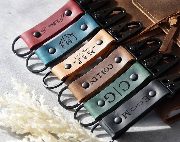 Custom Leather Keychain, Name keychain, Monogram Custom engraved Keychain, Personalized gifts, For Dad, For him, gift ideas for men