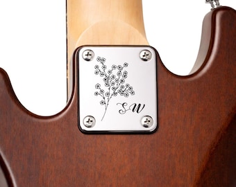 Custom Engraved CHROME PLATED Guitar Neck Plate - Guitar Neck Accessories, 4 Hole Fender Guitar Style, Custom Logo Engraved Plate