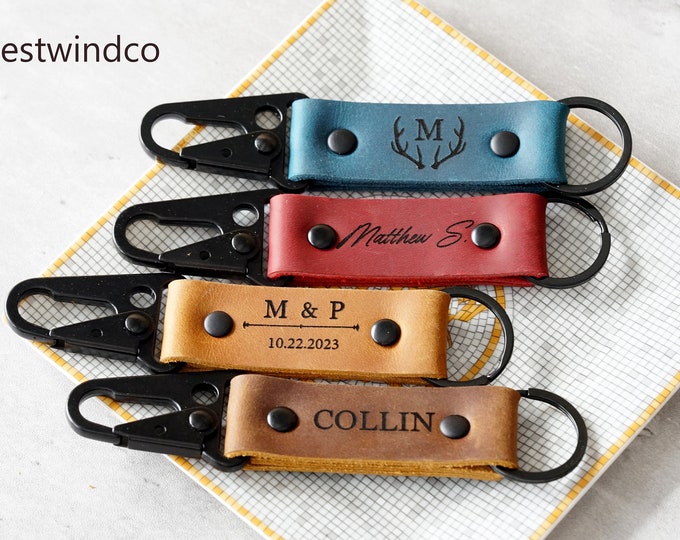 Custom Leather Keychain, Name keychain, Monogram Custom engraved Keychain, Personalized gifts, For Dad, For him, gift ideas for men