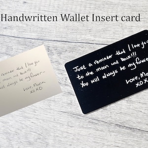 Handwritten Wallet insert card, For dad, Valentines day gift, Anniversary Message card, Engraved Metal card Stocking Stuffer, for him,