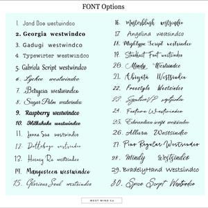 May include: A light blue graphic with a list of 30 font options. Each font name is followed by "westwindco". The text "FONT Options" is at the top. The text "WEST WIND Co" is at the bottom.