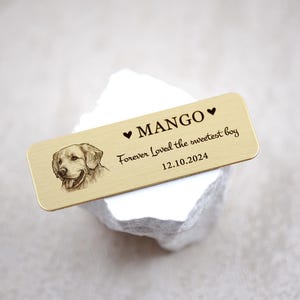 May include: A rectangular, gold-colored metal tag with a detailed engraving of a dog's face on the left side. The tag has the name "MANGO" with a heart symbol above it, and the text "Forever Loved the sweetest boy 12.10.2024".