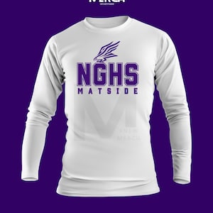 May include: White long-sleeve shirt with the text "NGHS MATSIDE" in purple block letters and a purple eagle graphic. The shirt also features the "A NEW MERCH" logo in white at the top. The shirt is displayed on a purple background.