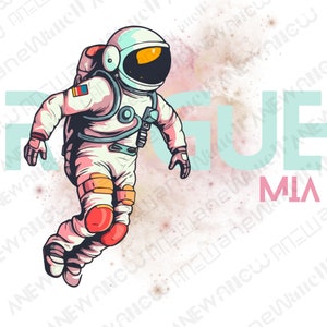 May include: Illustration of an astronaut in a white spacesuit with red and yellow accents, floating in space. The astronaut has a white helmet with a yellow visor. The word "ROGUE" is in light blue, and "MIA" is in pink.