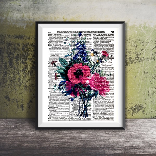 Bloem Bouquet - Vintage woordenboek boek pagina Art Print, afdrukformaat 8 x 10, paginaformaat 8.5x11, klaar voor inlijsten!