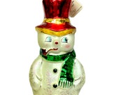 Radko SNOWBALL Snowman Ornament - Pipe Red Hat Green Scarf 7 quot 95-100-1