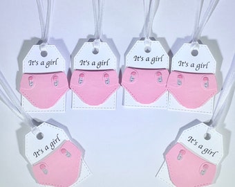 Gift Tags Set Of 8,Handmade Gift Tags,Baby Shower Tags,Gift Wrapping,Party Favor Tags,Gift Bag Tags,It’s A Girl,Pink Diaper