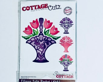 Cottage Cutz Dies,Tulips In Basket,Metal Dies,Card Making Supplies,Scrapbooking Supplies,Filigree Basket w/Tulips