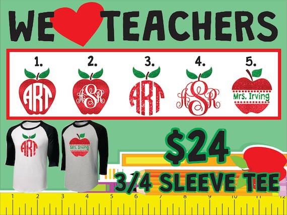 Teacher Monogram 3/4 Sleeve Tee