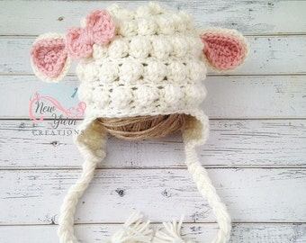 Crochet Baby Girl Lamb Hat, Animal Photo Prop, Baby Sheep Hat, Child Lamb Hat, Girl Baby Sheep Hat, Lamb Newborn Photo Shoot, MADE TO ORDER!