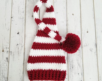 Crochet Christmas Elf Hat, Newborn Elf Hat, Santa Hat, Winter Hat, Striped Hat, Newborn Baby Elf HatLong Tail Hat, Sleepy Cap, MADE 2 ORDER
