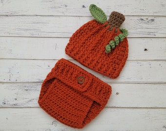Crochet Baby Pumpkin Hat and Diaper Cover Set, Newborn Baby Pumpkin Outfit, Pumpkin Costume, Pumpkin Prop Set, Halloween Costume, MADE2ORDER