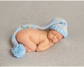 Crochet Baby Boy Hat, Long Tailed Stocking Hat, Crocheted Newborn Boy Hat, Baby Photo Props, Blue Baby Hat, Pom Pom Hat , MADE2ORDER