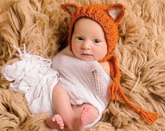 Crochet Fox Bonnet, Animal Photo Prop, Newborn Baby Fox Hat, Animal Bonnet Hat, Fox Newborn Photo Shoot, Halloween Fox Hat, MADE TO ORDER!