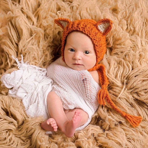 Crochet Fox Bonnet, Animal Photo Prop, Newborn Baby Fox Hat, Animal Bonnet Hat, Fox Newborn Photo Shoot, Halloween Fox Hat, MADE TO ORDER!