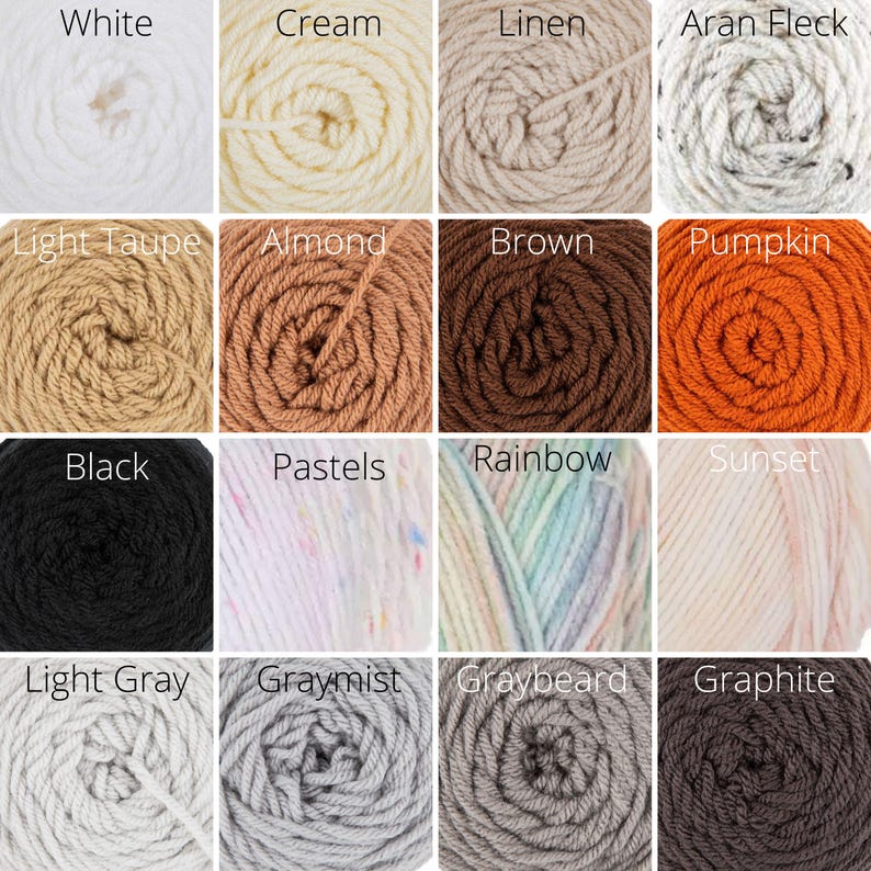May include: A grid of sixteen yarn skeins in various colors labeled White, Cream, Linen, Aran Fleck, Light Taupe, Almond, Brown, Pumpkin, Black, Pastels, Rainbow, Sunset, Light Gray, Graymist, Graybeard, and Graphite, showing textures.