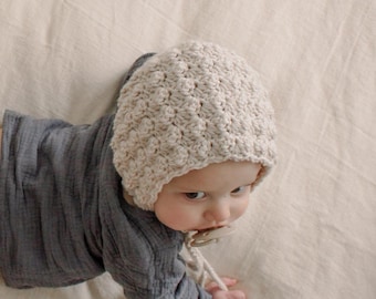 Crochet Baby Bonnet, Gender Neutral Bonnet, Baby Bonnet Boy, Vintage Baby Bonnet, Baby Shower Gift, Linen Bonnet, Baby Hat, Made to Order