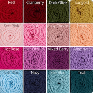 May include: A grid of sixteen yarn skeins in various colors labeled Red, Cranberry, Dark Olive, Sungold, Soft Pink, Pink, Rosy Cheeks, Peach, Hot Rose, Hot Orchid, Mixed Berry, Amethyst, Soft Blue, Navy, Sea Blue, and Teal.
