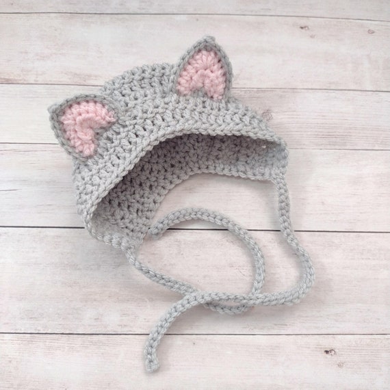 Kitty Bonnet Hat, Kitten Newborn Bonnet, Kitty Cat Hat, Crochet, Animal Bonnet, Baby Costume, Animal Beanie for Babies, First Halloween