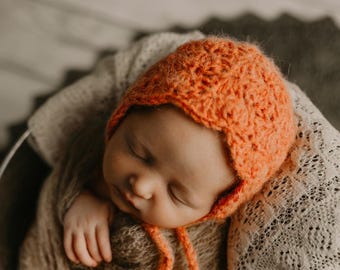 Ready to Ship Crochet Baby Bonnet, Alpaca Baby Bonnet, Newborn Bonnet Hat, Baby Girl Bonnet, Infant Hat, Newborn Photo Prop, Baby Gift