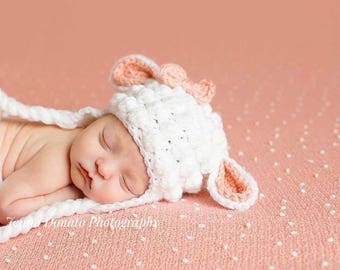 Baby Girl Lamb Hat, Girls Sheep Hat, Animal Beanie for Babies, Animal Photo Prop, Baby Hat with Ears, Crochet Baby Girl, MADEORDER